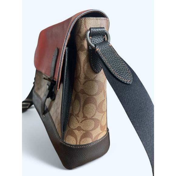 Coach Hudson Messenger Bag in Colorblock Terracotta Khaki Signature Leather - Picture 7 of 16